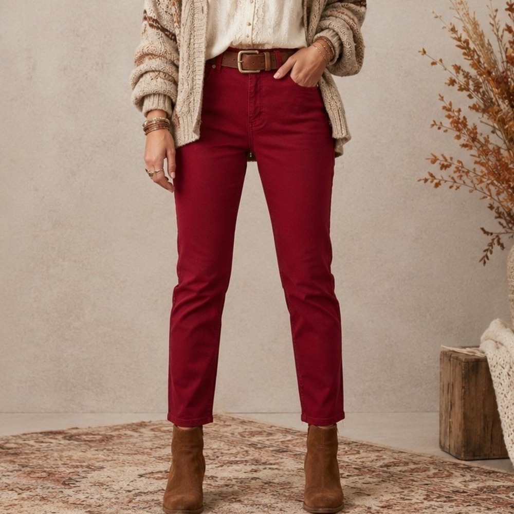 LOFT The Skinny Pants Burgundy Red Mid Rise Raw Hem Boho Minimalist 30/10 NEW
